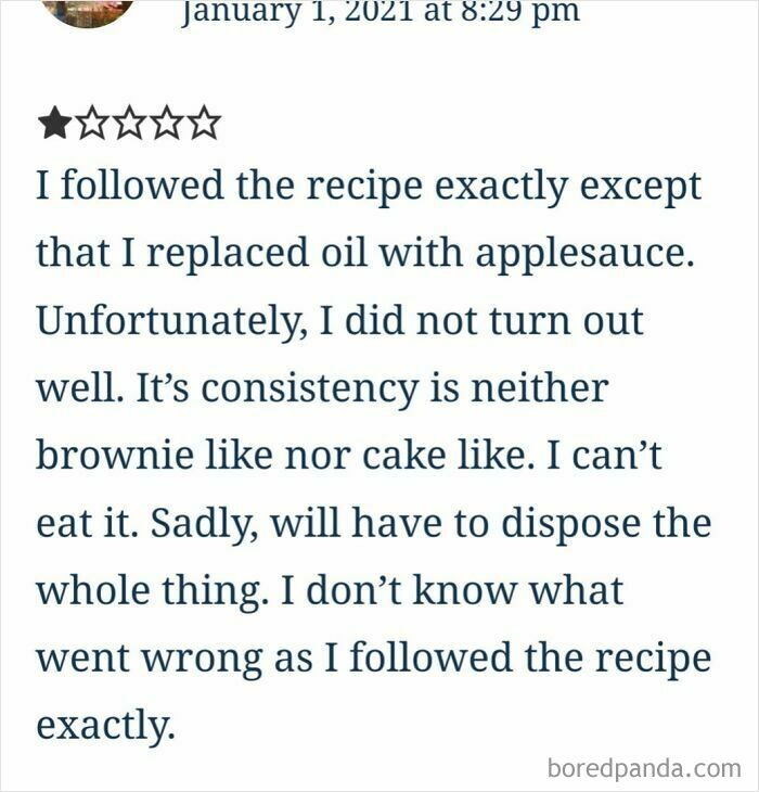 One-star review about a recipe failing after replacing oil with applesauce, highlighting depressing posts about living in stupid times.