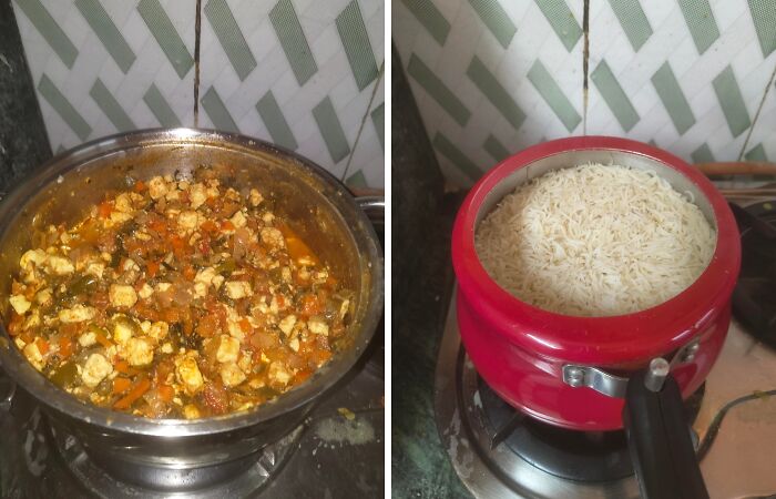Two side-by-side images showing a spice-filled pot and a red pot full of cooked rice, illustrating true colors of friends.