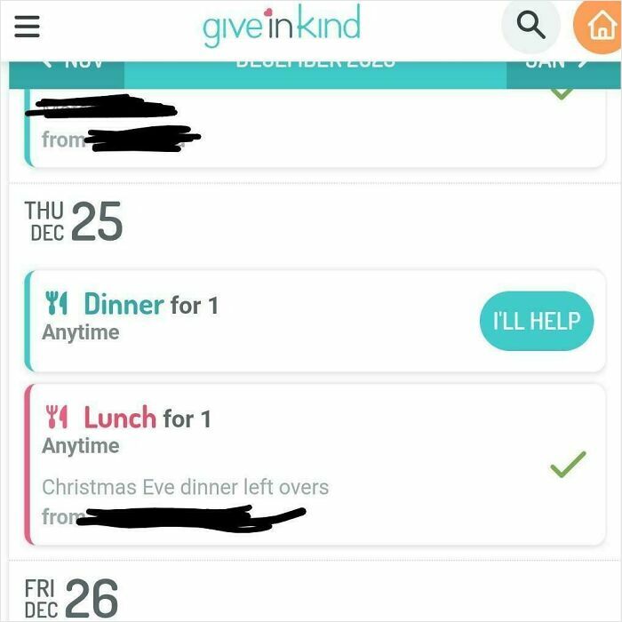 Screenshot of a food donation schedule showing a lunch labeled as Christmas Eve leftovers, revealing true colors of friends.