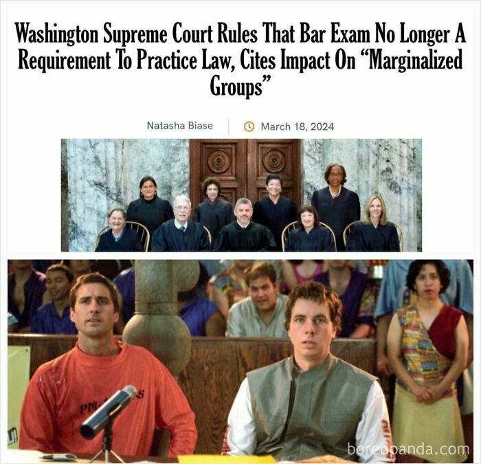 Headline about Washington Supreme Court changing bar exam rules with image from a courtroom scene showing confused individuals.