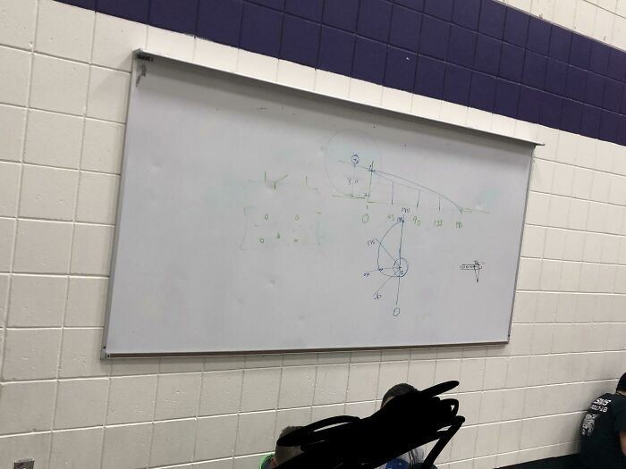 A whiteboard with various diagrams and equations drawn on it, attached to a white brick wall with a purple stripe. Might make you want to fix them.