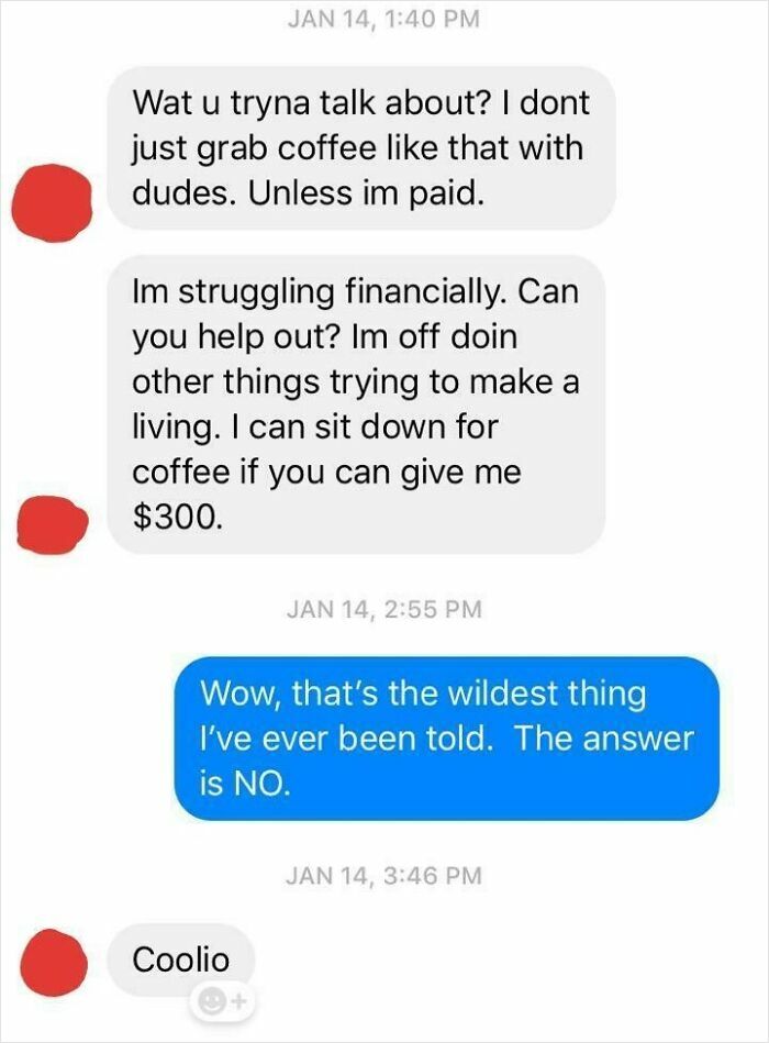 Text message conversation showing someone asking for $300 to have coffee, revealing true colors of a friend in an online shame post.