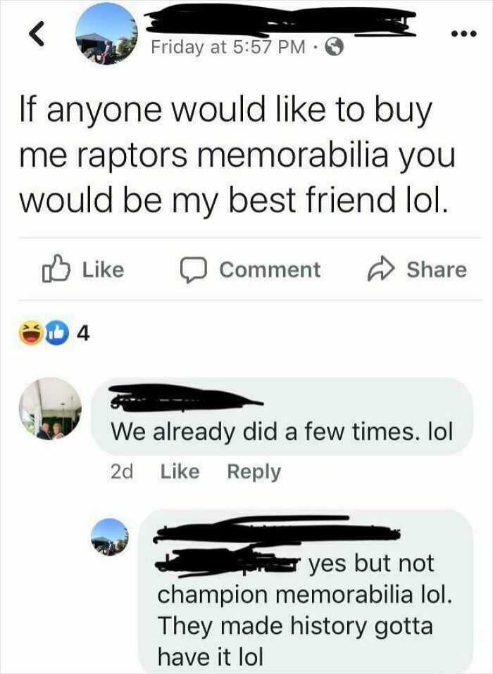 Social media post revealing true colors of friends asking for Raptors champion memorabilia as proof of loyalty.