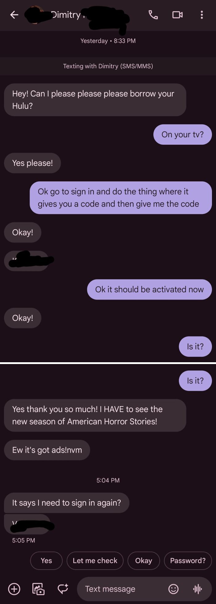 Text exchange showing a friend asking to borrow Hulu, revealing true colors in online friend shaming context.