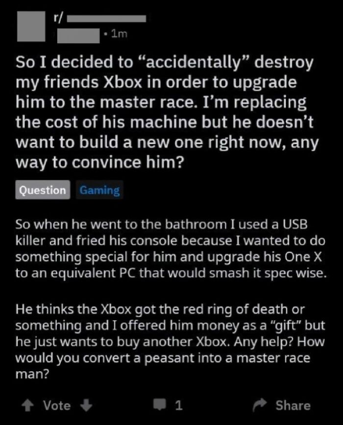 Text post showing someone admitting to destroying a friend's Xbox to shame them and reveal true colors of friends online.