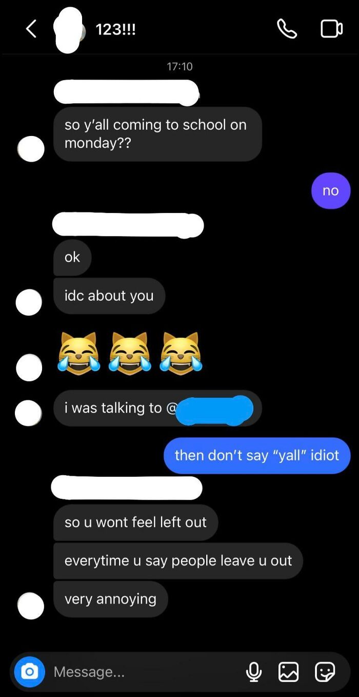 Text message exchange revealing true colors of friends with insults and passive-aggressive comments about feeling left out.