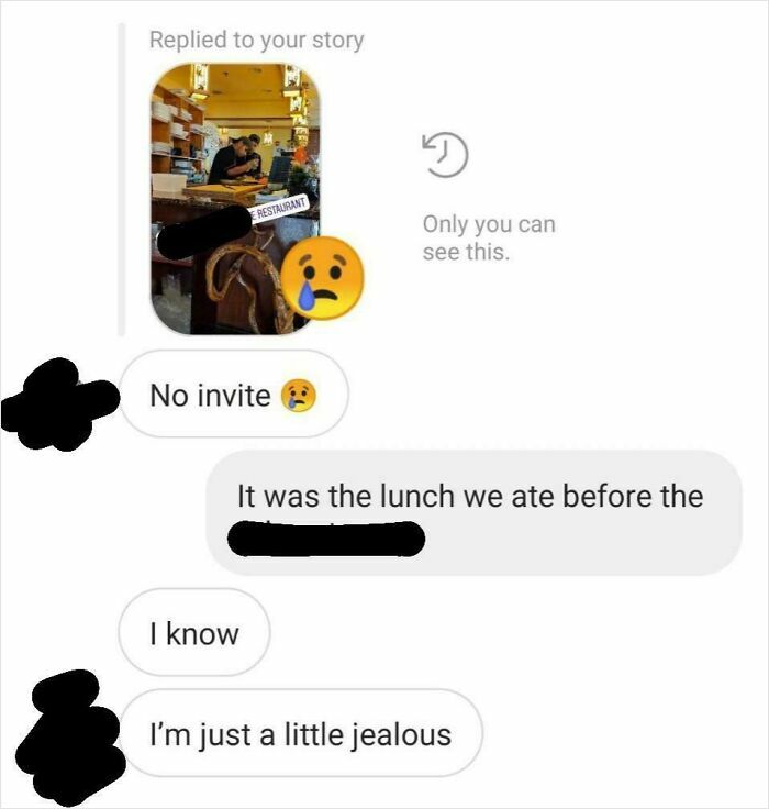 Screenshot of a text conversation revealing true colors of a friend showing jealousy for not being invited to lunch.