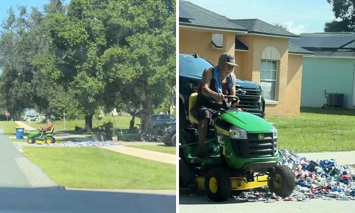 Man on riding lawn mower clearing large pile of crushed cans on suburban street, showing gut warning signs.