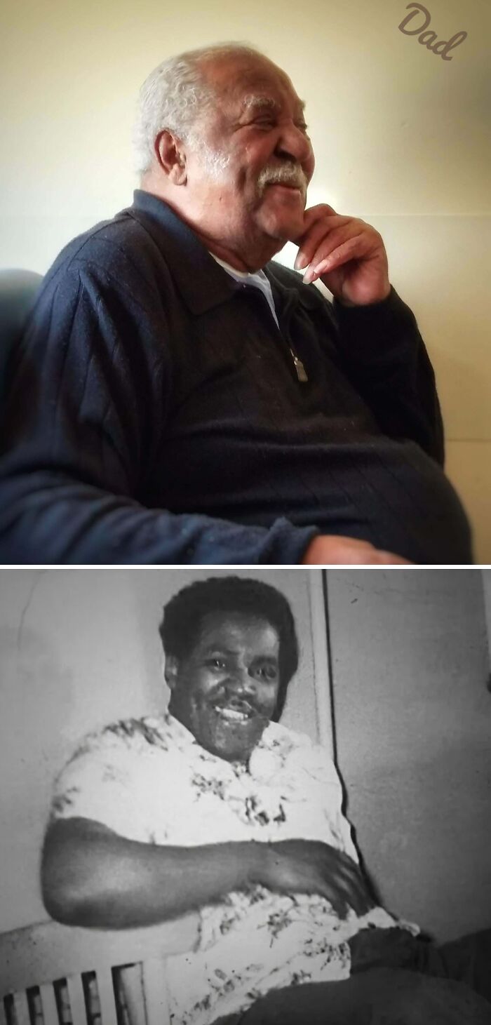 Two black and white and color photos of men smiling, representing 109 photos from decades ago that evoke strong emotions.
