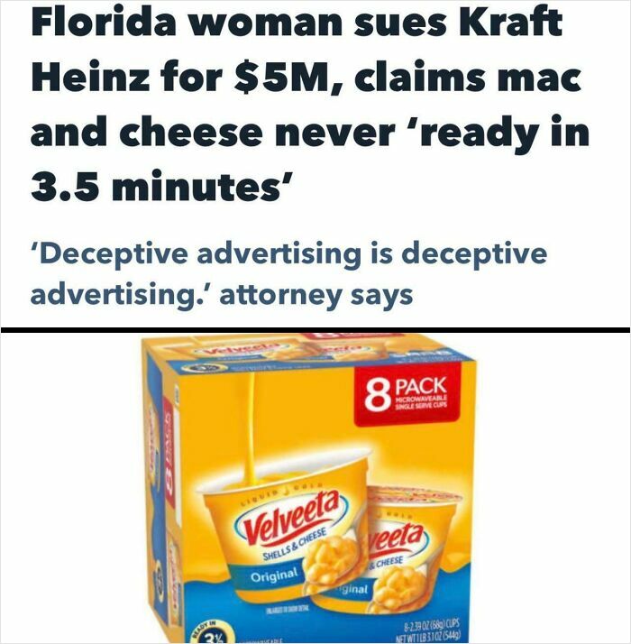 Florida woman sues Kraft Heinz over deceptive advertising of Velveeta mac and cheese cooking time claims.