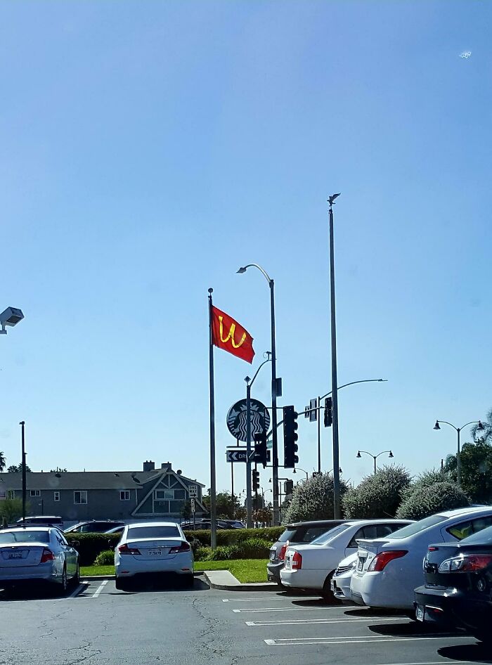 A McDonald's flag waves upside-down, a weird upside-down thing, in a sunny parking lot near a Starbucks sign, inviting you to fix them immediately.