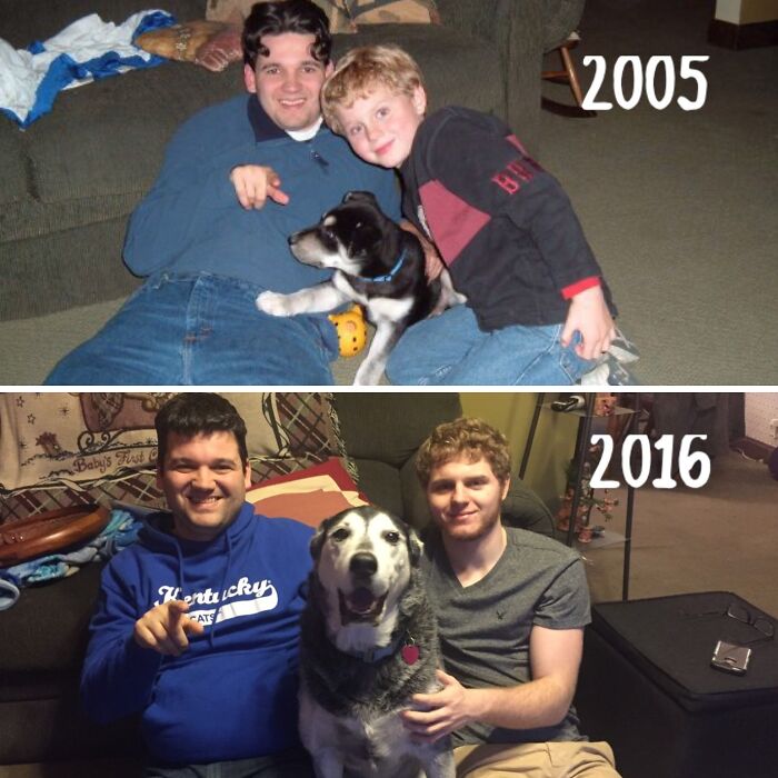 Re-Took This Picture On Nye With My Little Brother And His Dog, 11 Years Later