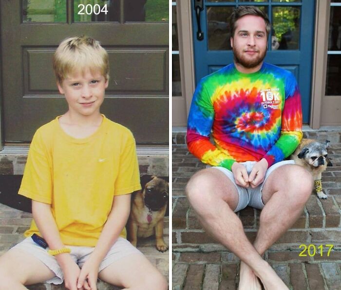 A boy in a yellow shirt with his pug puppy in 2004, and the grown-up man with his senior pet in 2017.