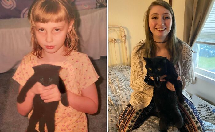 A young girl holds a tiny black kitten, then as an adult woman, she holds her grown-up black pet cat. Precious photos.