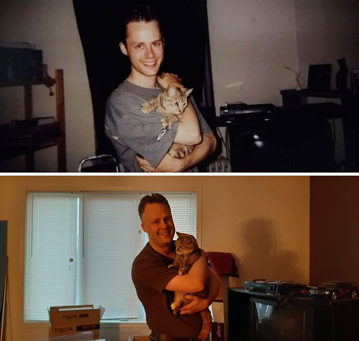 A young man and then an older man holding his pet cat, illustrating pets who have grown up alongside their owners.