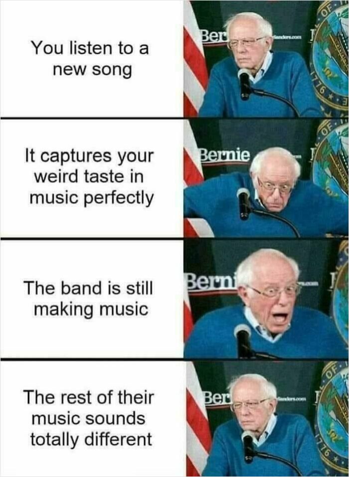 Bernie Sanders reacting to discovering a band still making music with a weird but relatable taste in memes.