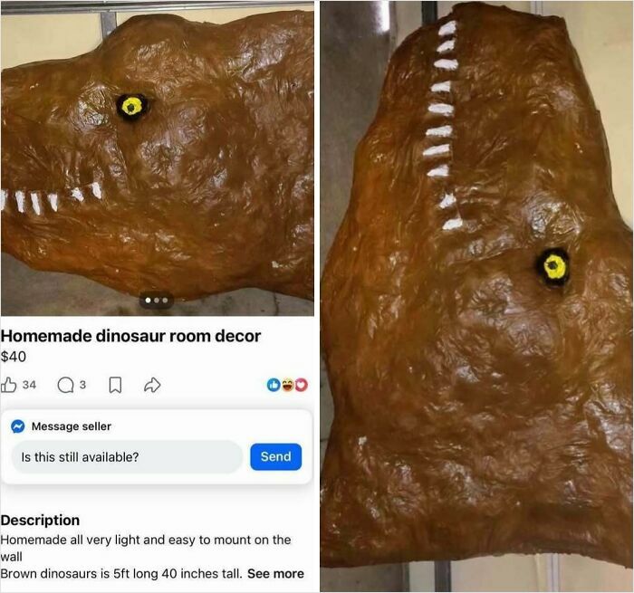 Homemade dinosaur room decor with bizarre design listed for sale online among wild unusual items.