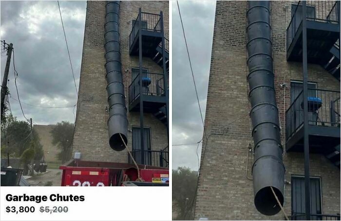 Large black garbage chutes attached to a brick building, listed as bizarre things people are selling online.