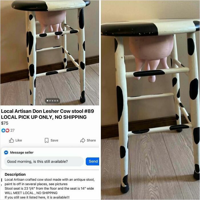 Cow stool with painted black spots and hanging udder detail, listed among bizarre things people are selling online.