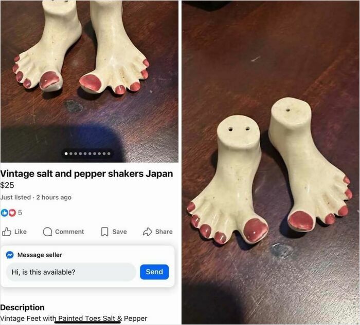 Vintage feet-shaped salt and pepper shakers with painted toes listed among bizarre things people are selling online.
