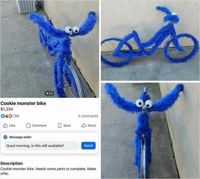 Blue Cookie Monster bike covered in fuzzy material with large googly eyes, listed among bizarre online sales.