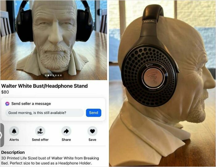 3D printed Walter White bust used as a headphone stand, showcasing one of the bizarre things people are selling online.