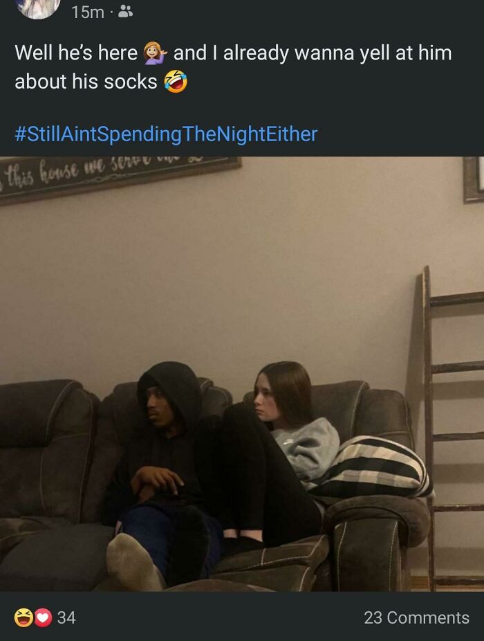 Cringey parents post about their child's guest. A young couple sits on a couch, the girl looking displeased.