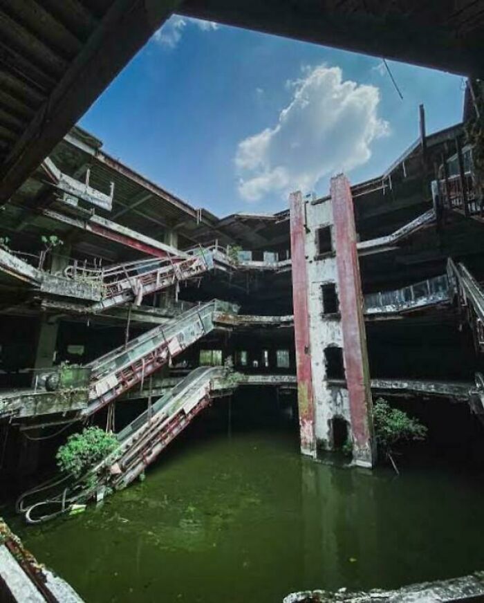 Abandoned shopping mall interior with escalators and stagnant green water beneath a broken roof