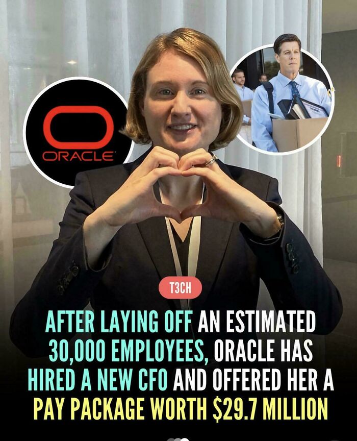 A woman in a suit making a heart gesture with hands, with an Oracle logo and a man carrying boxes. Recruiting hell post.