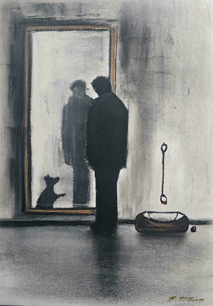 A drawing of a man looking into a mirror, with a dog reflected, a magically talented handmade project.