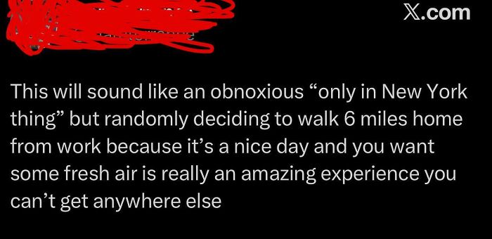 Social media post claiming walking home from work is unique to New York, showing Americans confidently posting.
