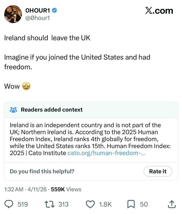 Post suggesting Ireland join the US for freedom, with community notes showing Americans confidently posting errors.