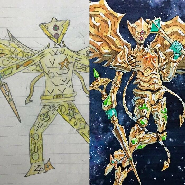 Uplifting posts: A side-by-side comparison of an original drawing and its more detailed, refined version.