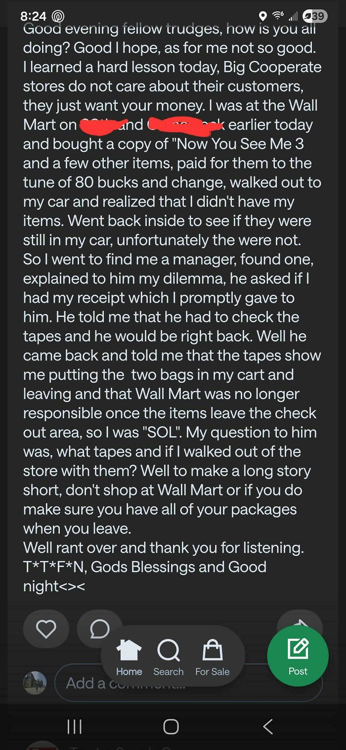 A screenshot of a hilarious neighborhood online community post about a frustrating experience at Walmart and missing items.