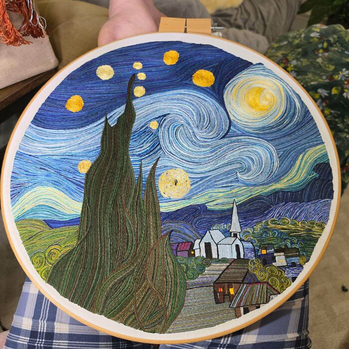 Stunning embroidery creation replicating The Starry Night painting, inspiring a new hobby.
