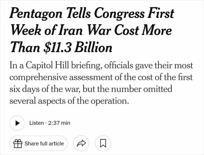 Headline about the Pentagon revealing the high cost of the Iran war showing dystopian United States financial impact.