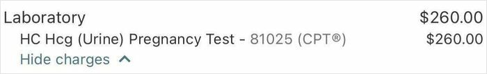 Medical bill showing $260 charge for a urine pregnancy test, illustrating dystopian healthcare costs in the United States.