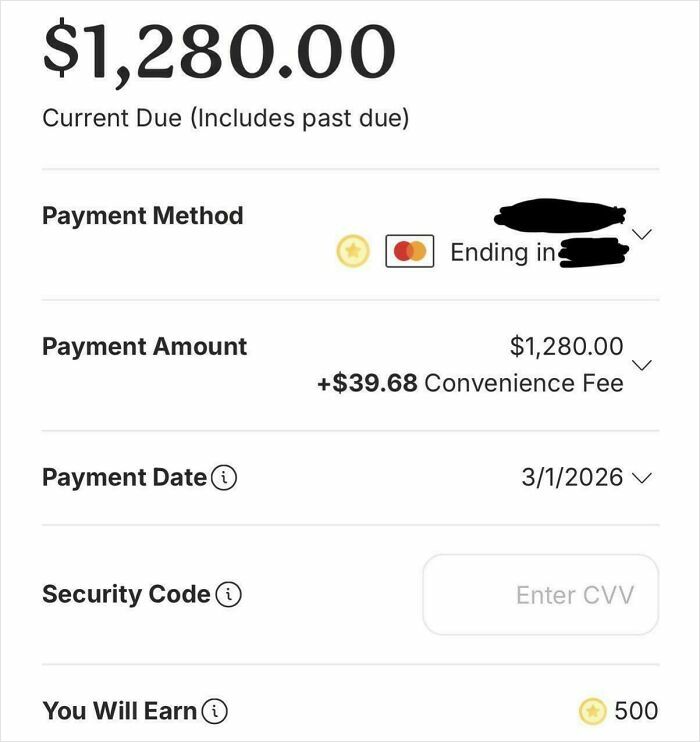 Payment screen showing $1,280 due with an additional $39.68 convenience fee, highlighting dystopian financial burdens in the US.