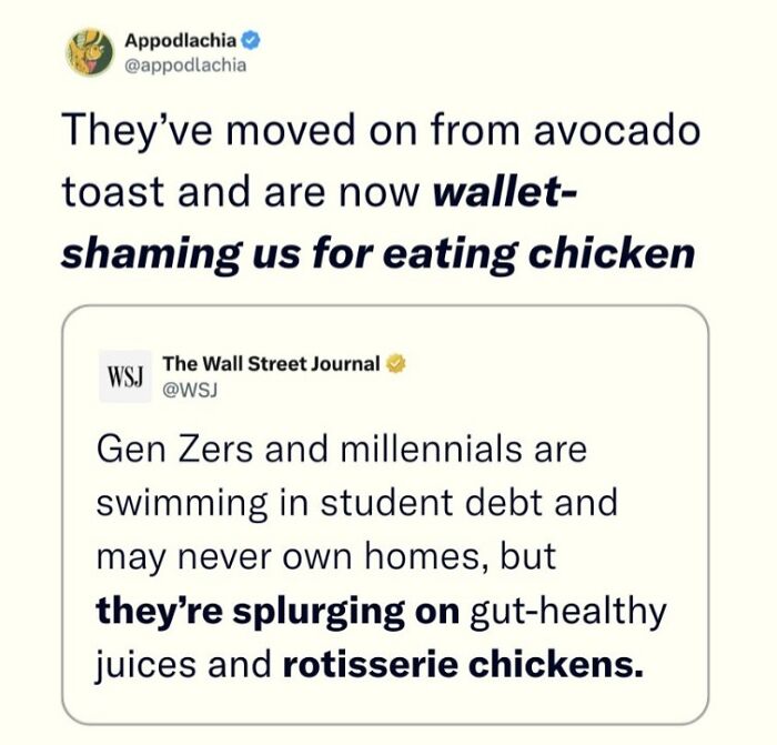 Tweet about millennials and Gen Z facing student debt while spending on rotisserie chickens, highlighting dystopian US lifestyle trends.