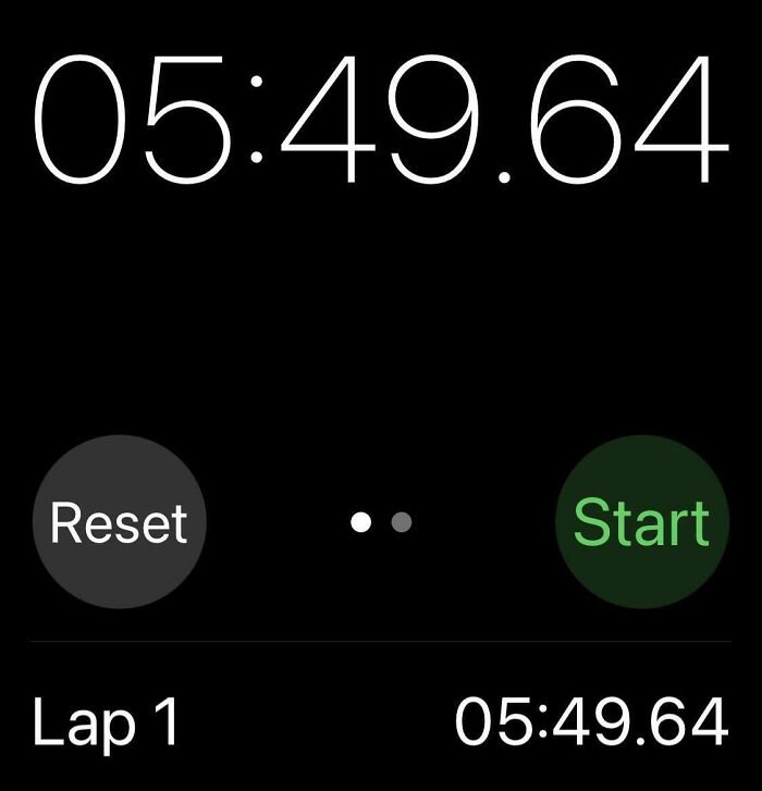 Stopwatch showing a lap time of 5 minutes 49 seconds, with reset and start buttons visible on screen.