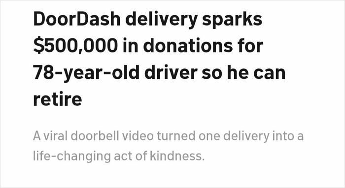 Dystopian United States photo showing DoorDash delivery sparking $500,000 donations for elderly driver retirement.