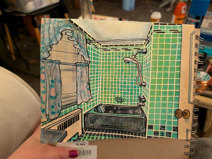 A miniature painting of a retro green tiled bathroom, a detailed and magical handmade project.