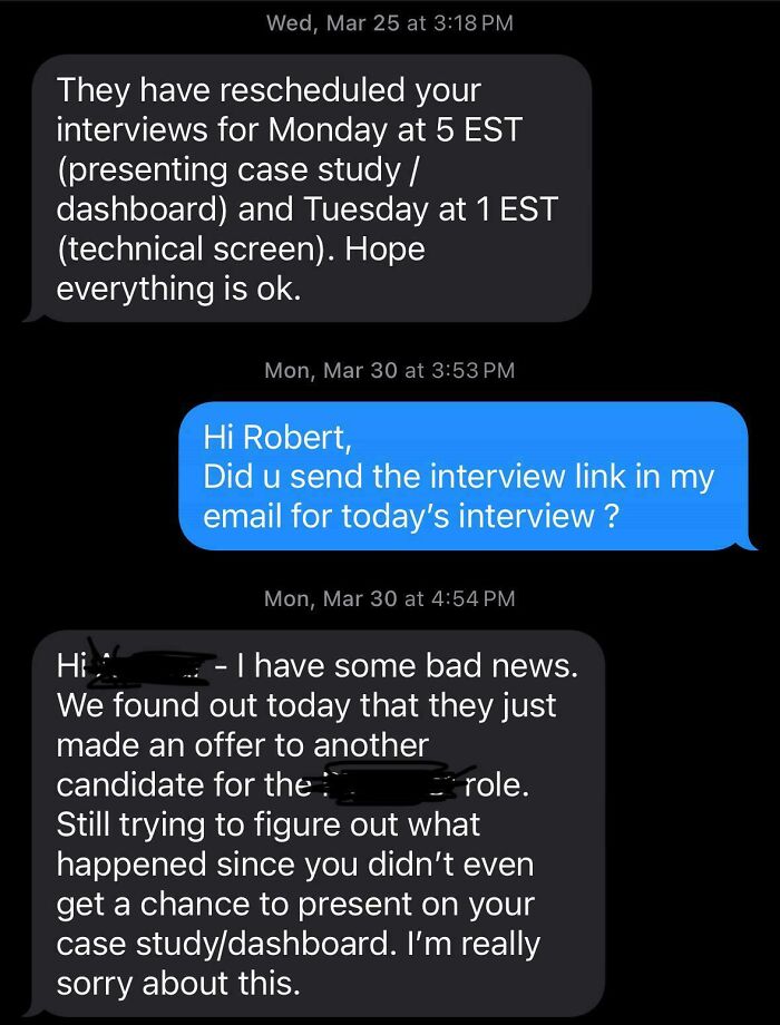 Text messages showing a job interview being rescheduled, then unexpectedly canceled, illustrating the frustrations of recruiting hell.