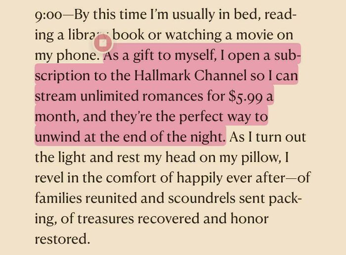 Text excerpt highlighting a subscription to Hallmark Channel for streaming romances, reflecting a dystopian U.S. lifestyle.