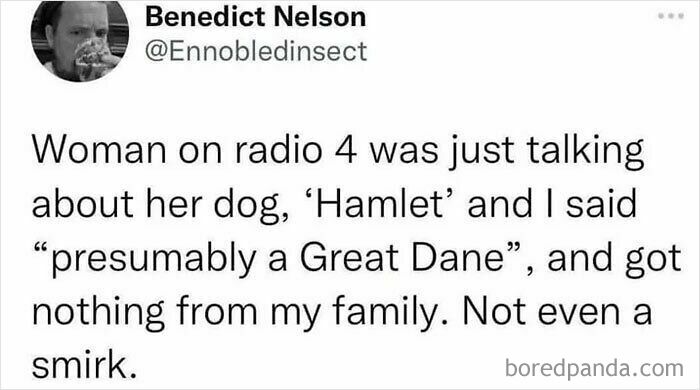 Tweet about mishearing the name of a dog called Hamlet, sharing a lighthearted safe-for-work meme for dog lovers.