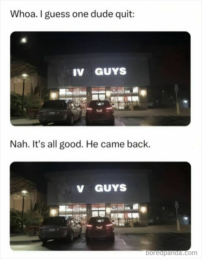 Funny and lighthearted safe-for-work meme showing a store sign with blinking letters creating a humorous effect at night.
