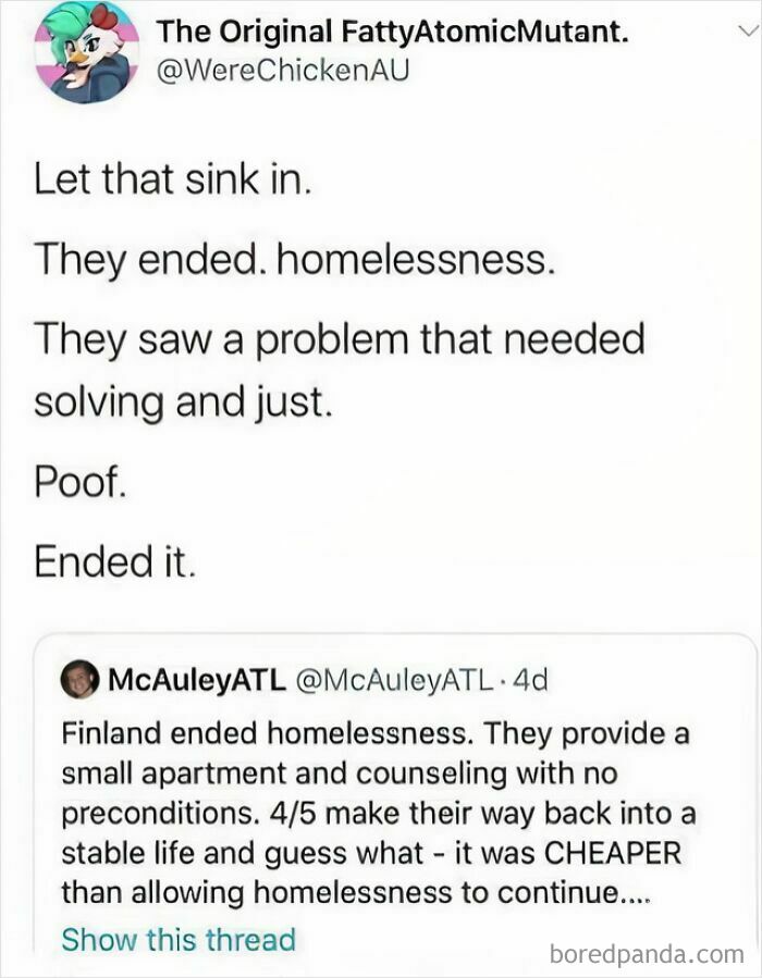 Social media post discussing how Finland ended homelessness with apartments and counseling, reflecting life in America insights.
