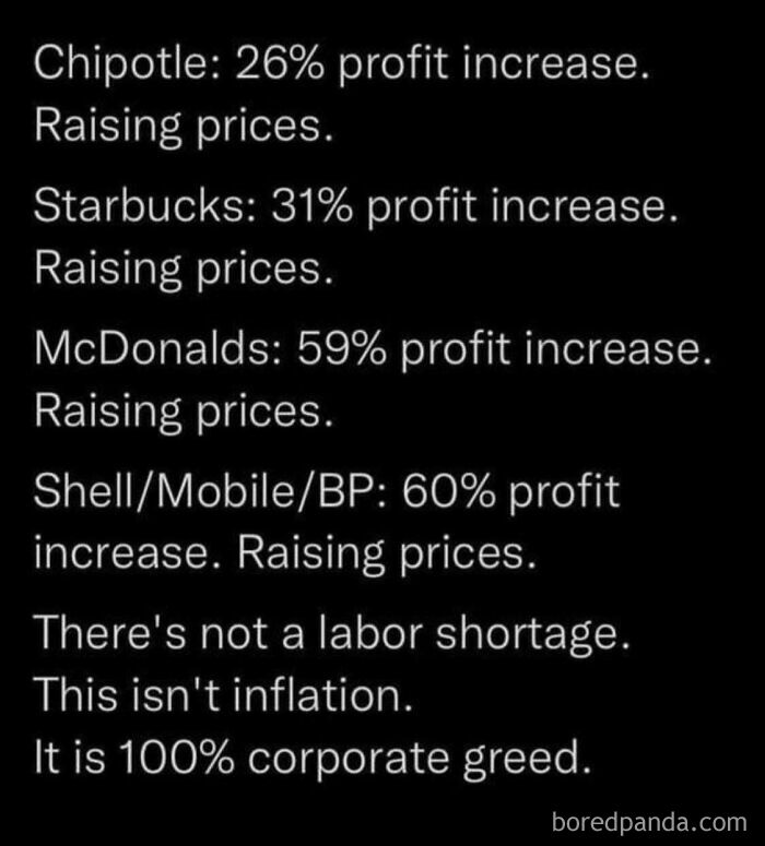 Profit increases and price hikes by major companies highlighting corporate greed in life in America.