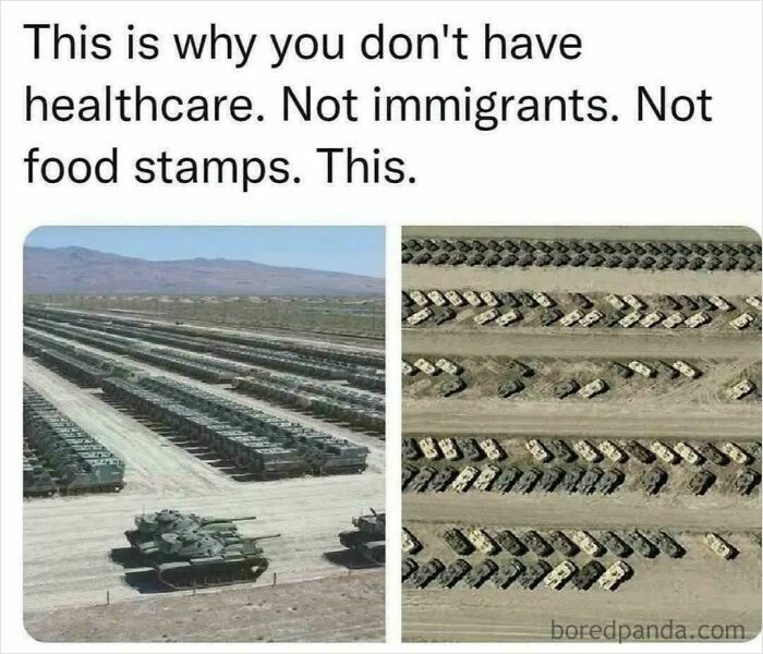 Rows of military tanks parked in a desert highlighting issues related to life in America and healthcare debates.