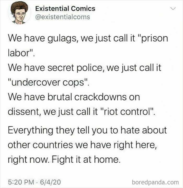 Tweet from Existential Comics discussing prison labor, undercover cops, and riot control reflecting life in America today.
